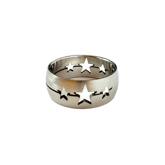 Stainless steel, matte finished band ring with cutout stars.