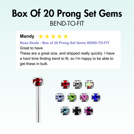 Nose Studs - Box of 20 Prong Set Gems BEND-TO-FIT