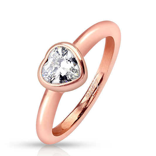 Rings - Rose Gold Heart with Clear Gem
