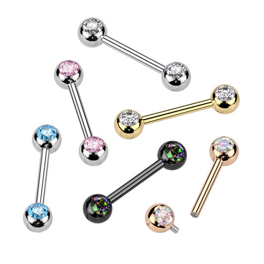 Implant grade titanium nipple barbell with front facing jewelled balls. Internally Threaded. Choose from 5 gem colours. 14 Gauge X 12mm X 5mm. Ti-6AL4V-ELi ASTM F-136 TITANIUM