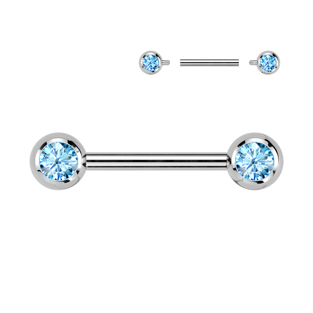 Implant grade titanium nipple barbell with front facing jewelled balls. Internally Threaded. Shown with aqua gems. 14 Gauge X 12mm X 5mm.
