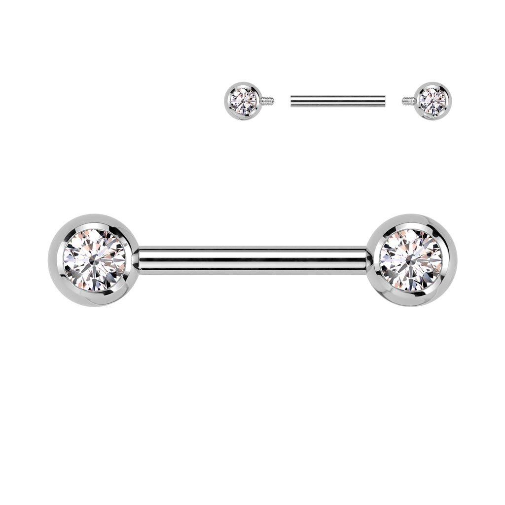 Implant grade titanium nipple barbell with front facing jewelled balls. Internally Threaded. Shown with clear gems. 14 Gauge X 12mm X 5mm.