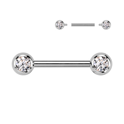 Implant grade titanium nipple barbell with front facing jewelled balls. Internally Threaded. Shown with clear gems. 14 Gauge X 12mm X 5mm. 