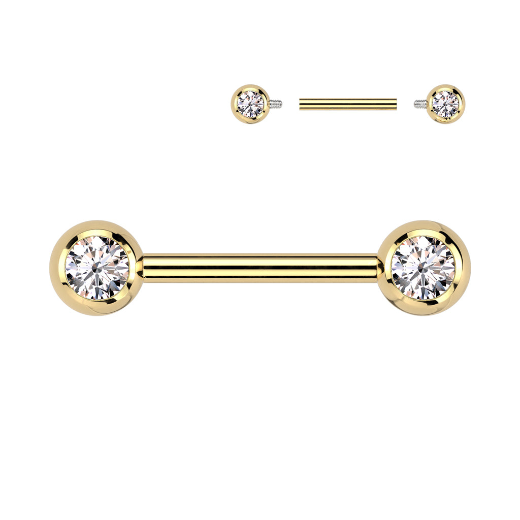 Implant grade titanium nipple barbell with front facing jewelled balls. Internally Threaded. Shown in gold plated with clear gems. 14 Gauge X 12mm X 5mm. 