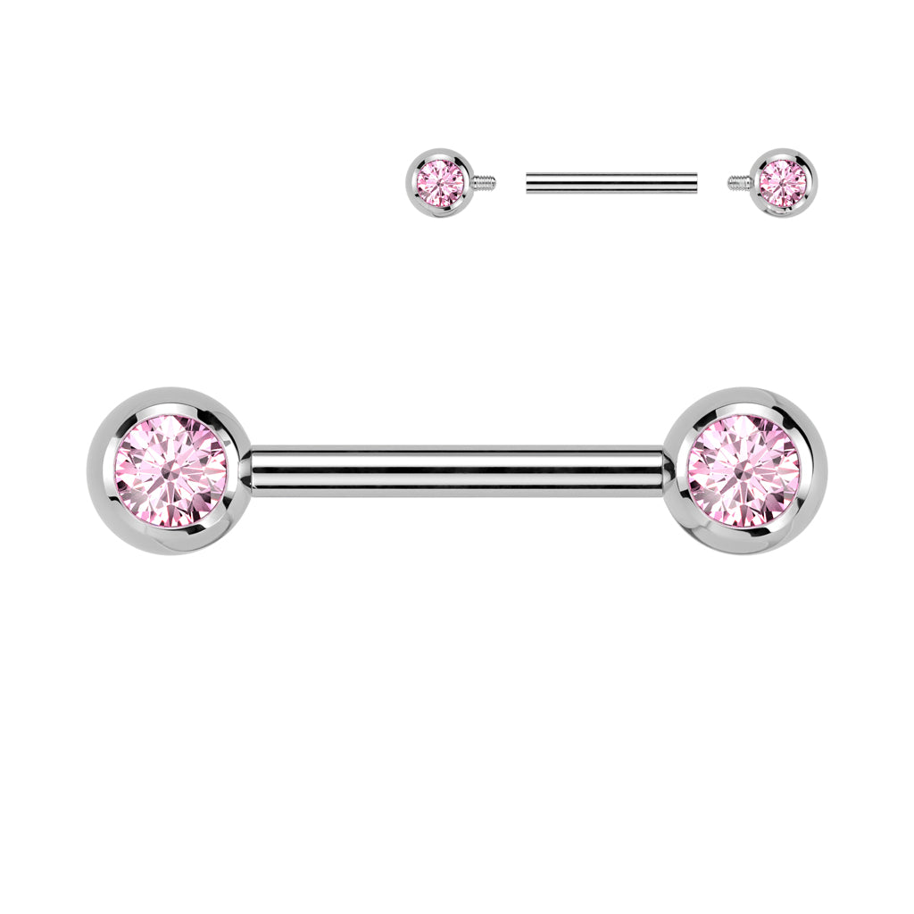 Implant grade titanium nipple barbell with front facing jewelled balls. Internally Threaded. Shown with pink gems. 14 Gauge X 12mm X 5mm.