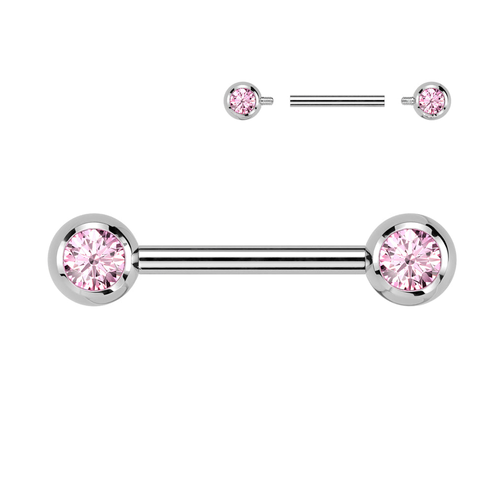 Implant grade titanium nipple barbell with front facing jewelled balls. Internally Threaded. Shown with pink gems. 14 Gauge X 12mm X 5mm. 