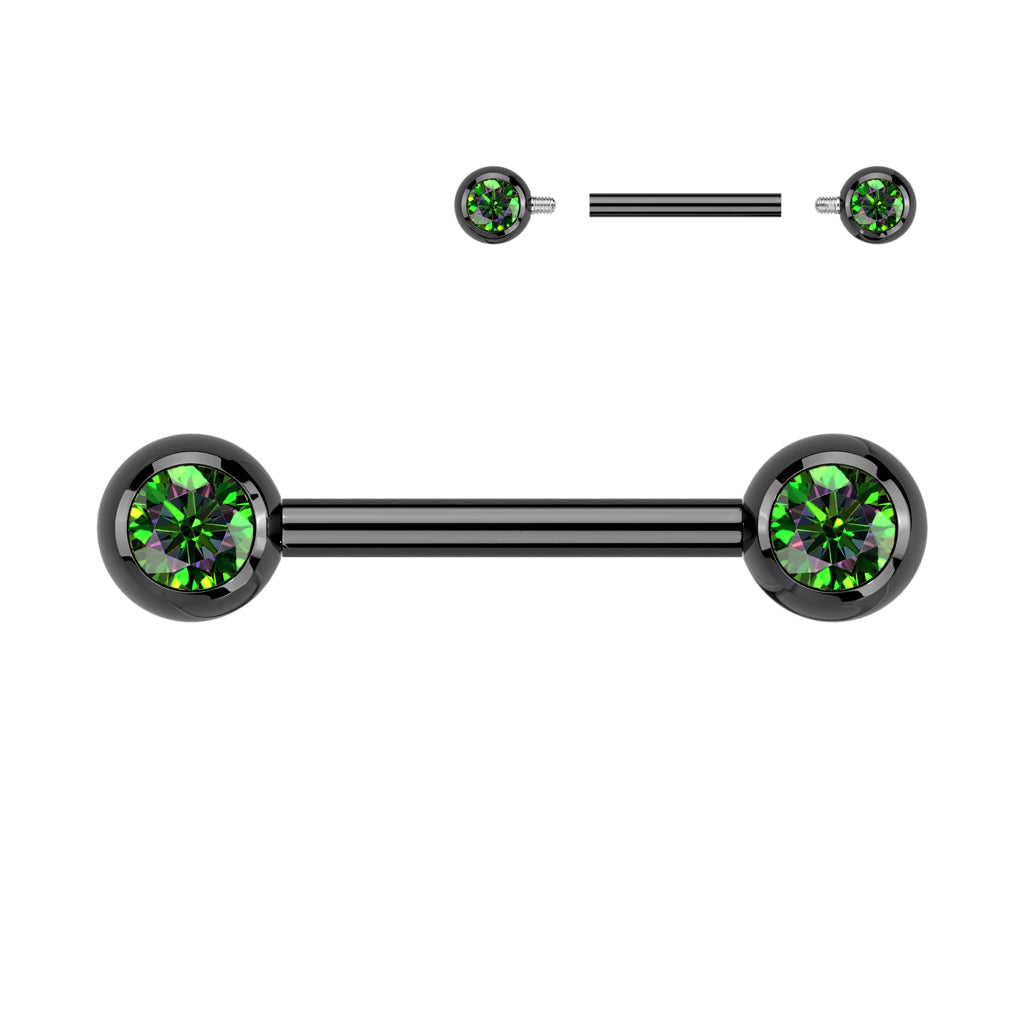 Implant grade titanium nipple barbell with front facing jewelled balls. Internally Threaded. Shown in black with vitrail gems. 14 Gauge X 12mm X 5mm.