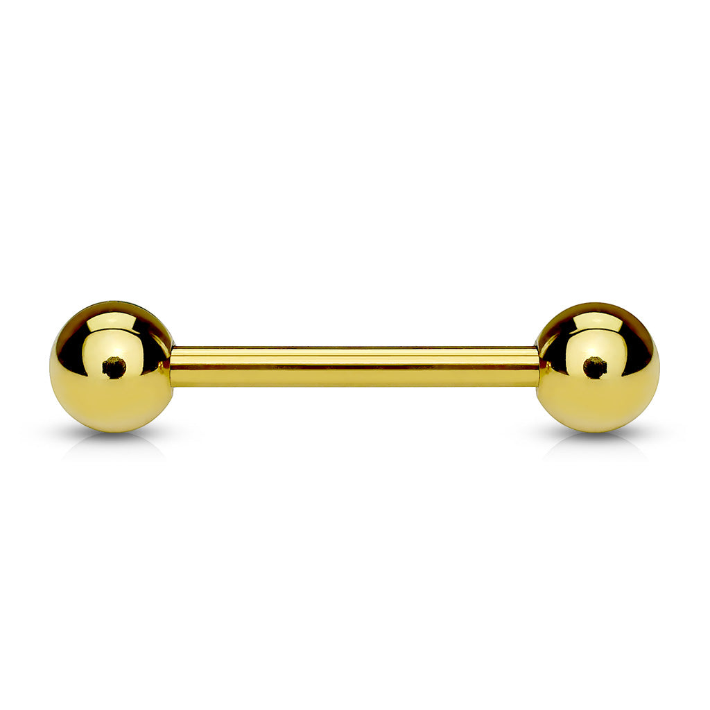 Gold plated over 316L surgical steel tongue barbells. Externally Threaded. 14 Gauge X 14mm X 5mm - great length for nipple 14 Gauge X 16mm X 5mm - great length for tongue piercing 14 Gauge X 19mm X 5mm - longer barbell to allow for swelling