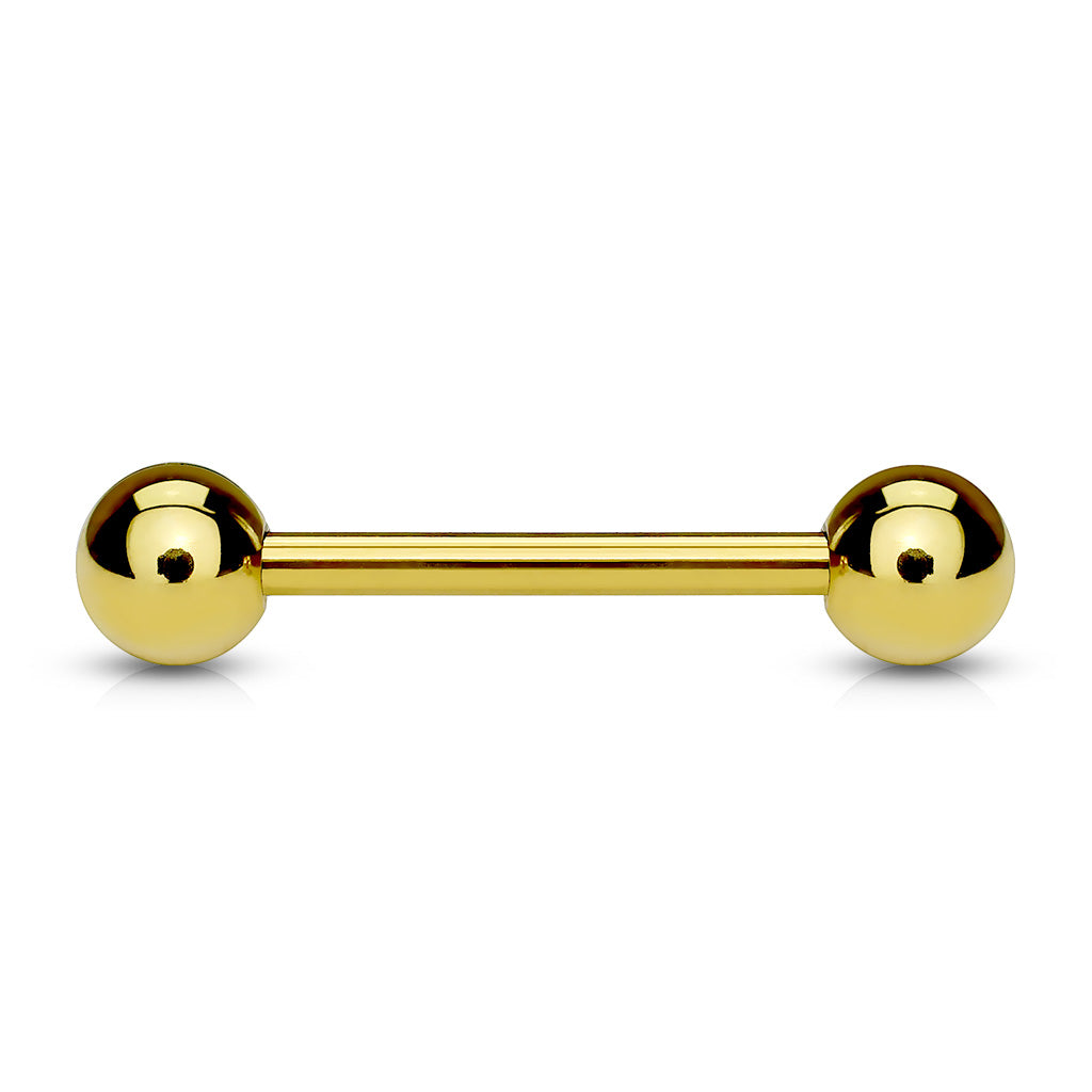 Gold plated over 316L surgical steel tongue barbells.  Externally Threaded.  14 Gauge X 14mm X 5mm - great length for nipple  14 Gauge X 16mm X 5mm - great length for tongue piercing  14 Gauge X 19mm X 5mm - longer barbell to allow for swelling