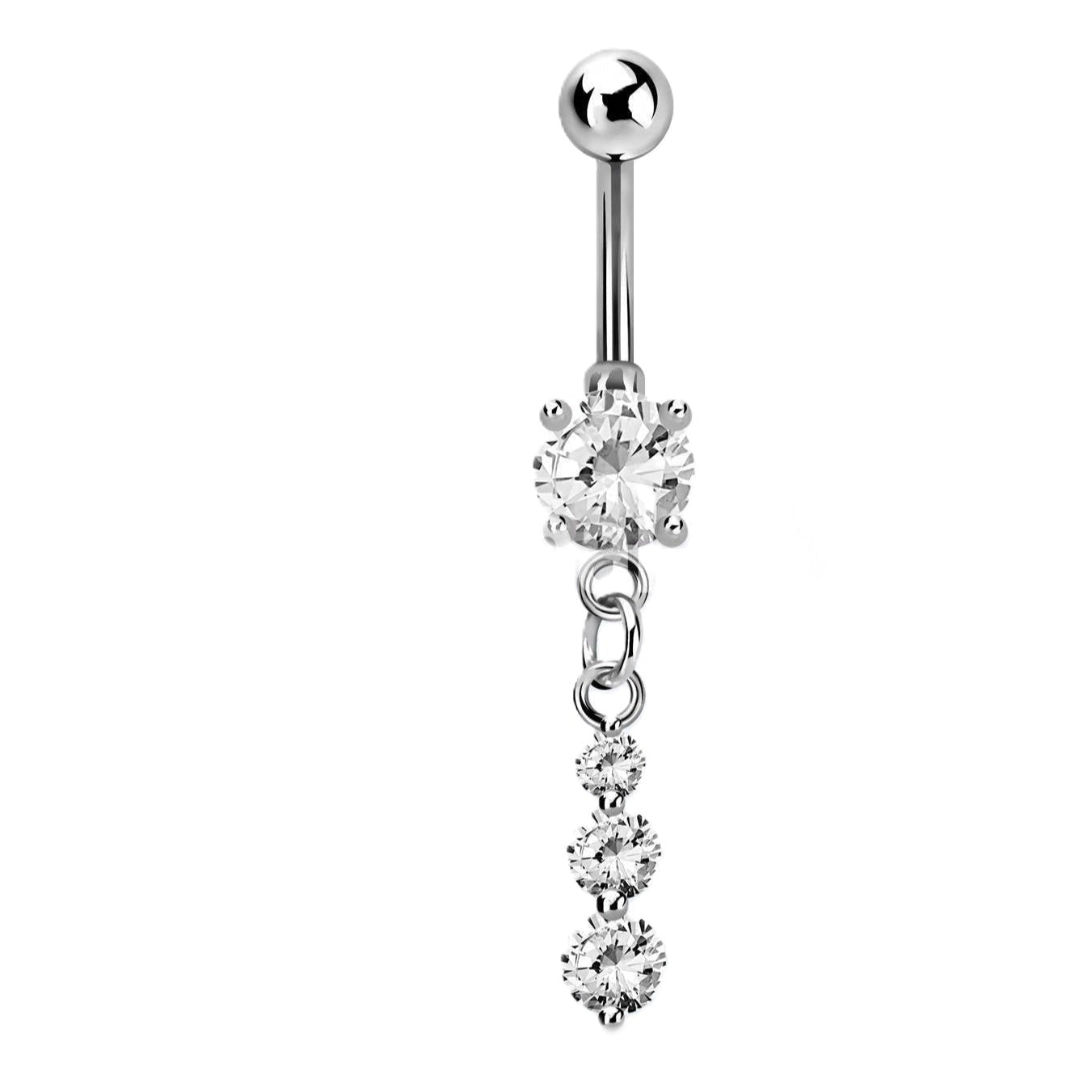316L Surgical steel belly ring with an elegant timeless design featuring a single bottom gem with a dangly 3 link chain followed by 3 smaller gems that graduate in size. Externally Threaded. Available in clear, pink or lavender. 14 Gauge X 10mm X 5 & 8mm