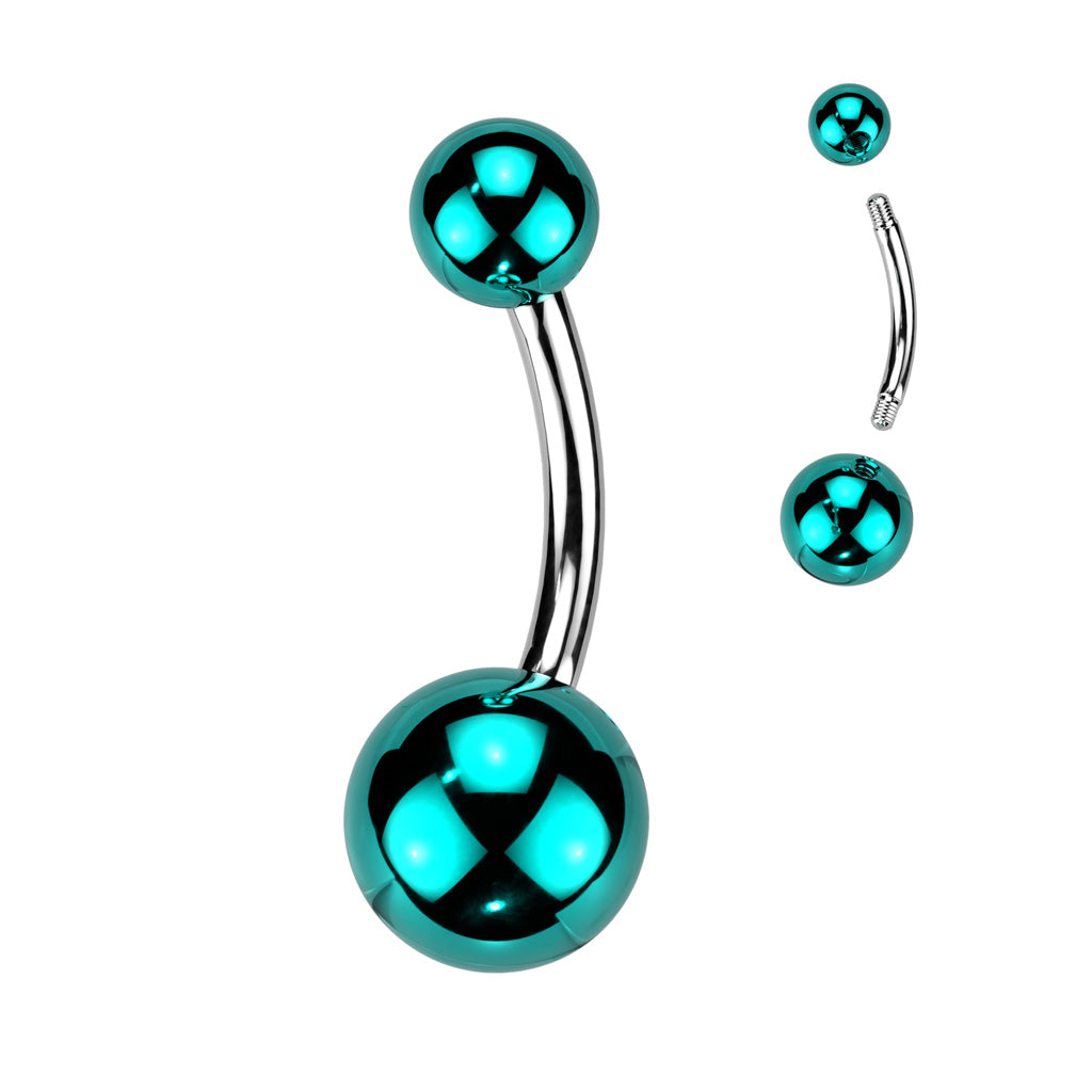 Blue, 316L Surgical steel belly banana with glass coated acrylic balls. These are extra shiny!! Externally Threaded. 14 Gauge X 10mm X 5/8mmur