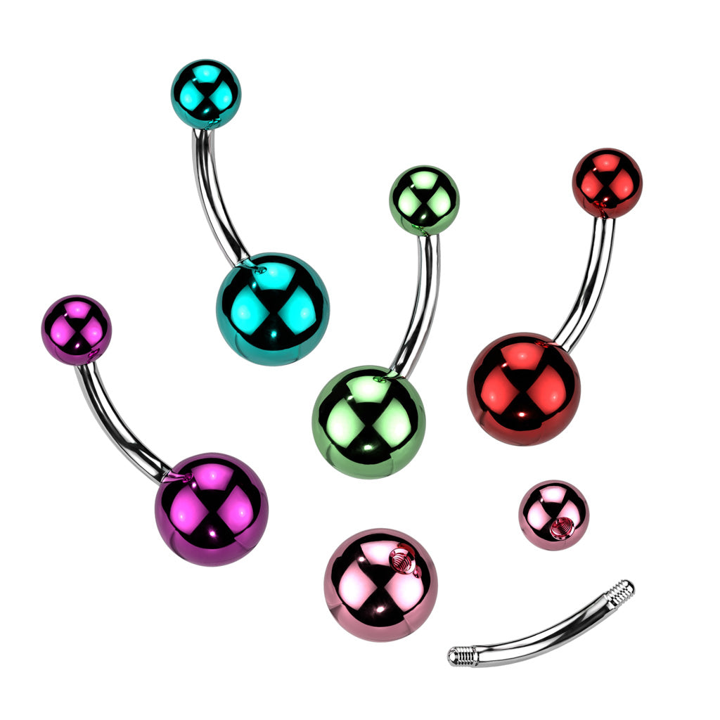 316L Surgical steel belly banana with glass coated acrylic balls. These are extra shiny!! Externally Threaded. 14 Gauge X 10mm X 5/8mmur