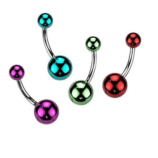 316L Surgical steel belly banana with glass coated acrylic balls.  These are extra shiny!! Externally Threaded.  14 Gauge X 10mm X 5/8mmur