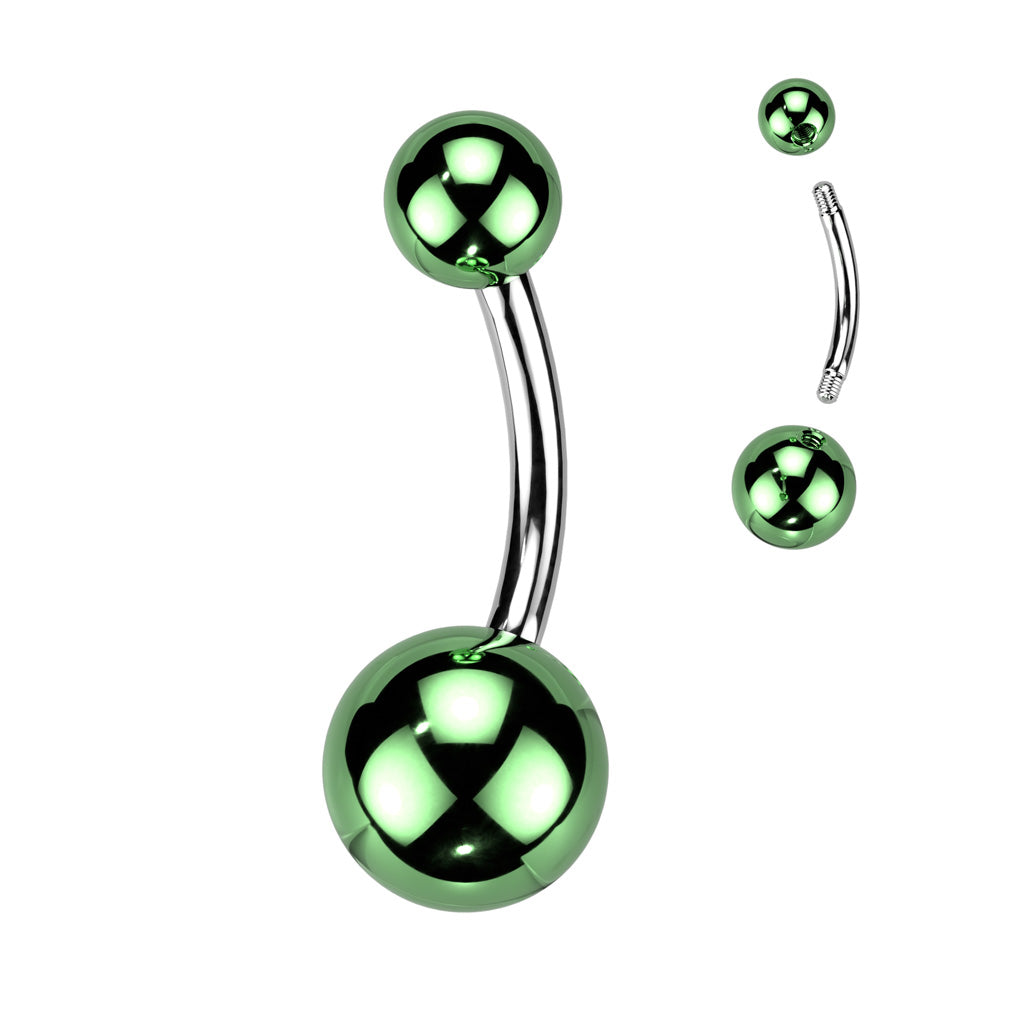 Green, 316L Surgical steel belly banana with glass coated acrylic balls. These are extra shiny!! Externally Threaded. 14 Gauge X 10mm X 5/8mmur