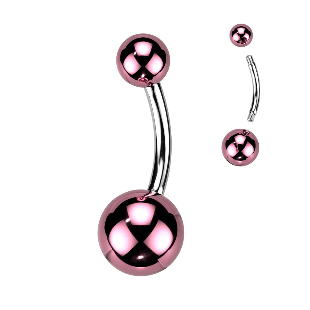 Pink, 316L Surgical steel belly banana with glass coated acrylic balls. These are extra shiny!! Externally Threaded. 14 Gauge X 10mm X 5/8mmur