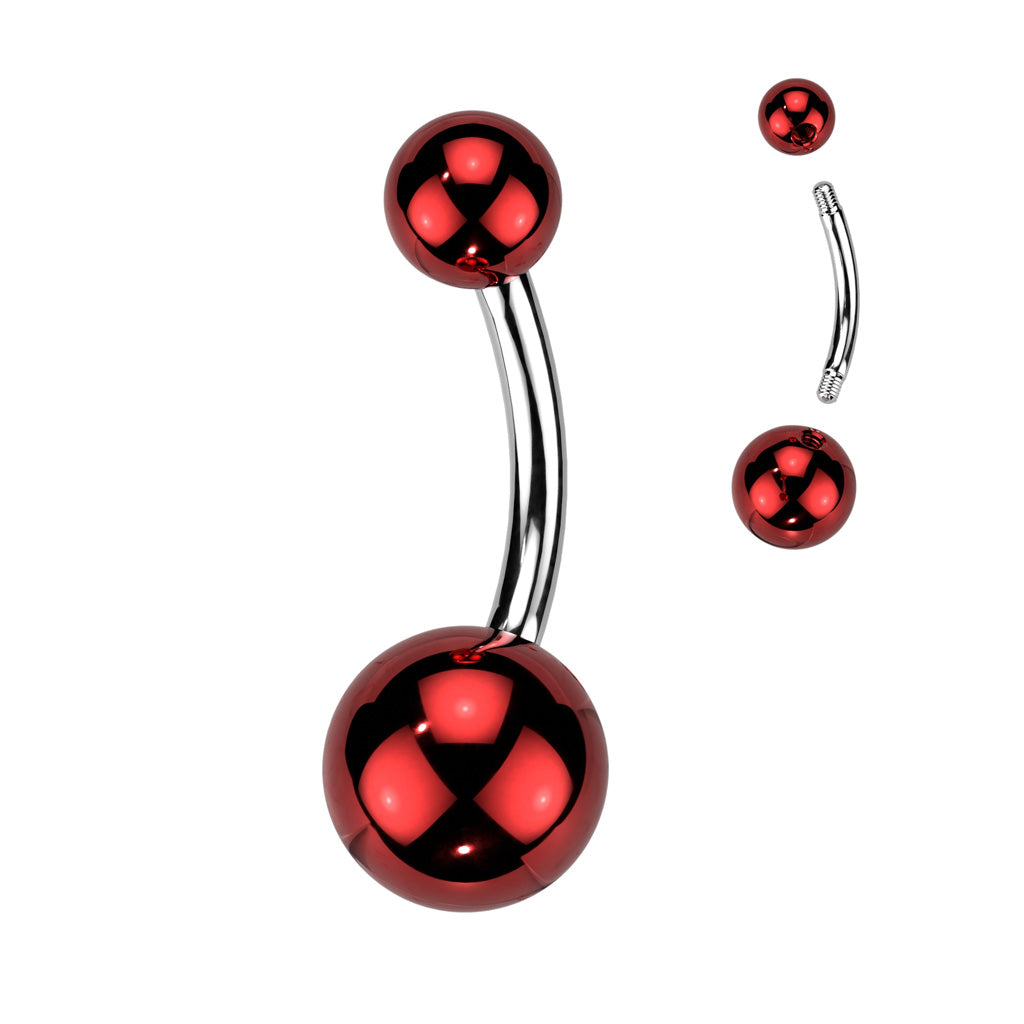 Red, 316L Surgical steel belly banana with glass coated acrylic balls. These are extra shiny!! Externally Threaded. 14 Gauge X 10mm X 5/8mmur