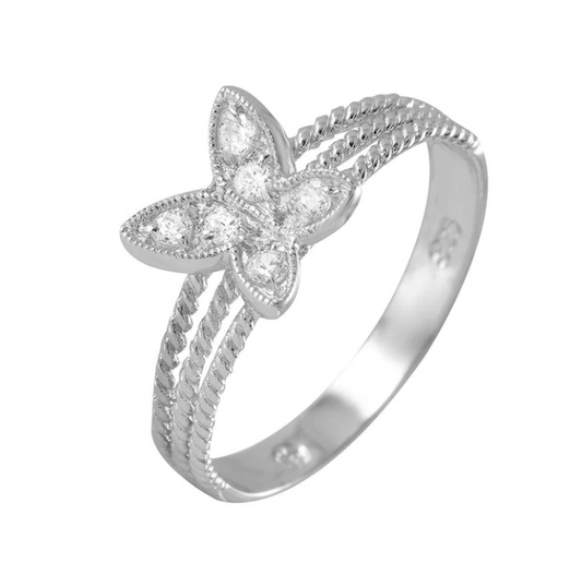 Rhodium plated 925 sterling silver butterfly ring.