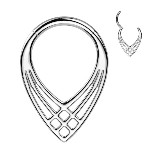 Implant grade titanium hinged segment ring in a chevron shape with a beautiful criss-cross design, shown in titanium. Great for septum, daith, rook, helix, tragus, or even eyebrow or earlobe piercings.