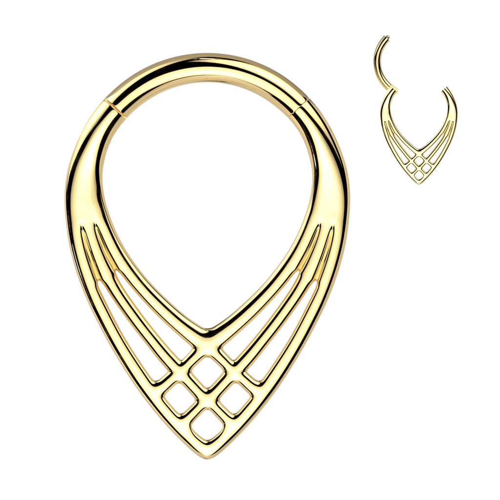 Implant grade titanium hinged segment ring in a chevron shape with a beautiful criss-cross design, shown in gold plated. Great for septum, daith, rook, helix, tragus, or even eyebrow or earlobe piercings.