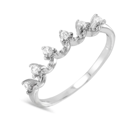 Rhodium plated 925 sterling silver crown design ring with clear cubic zirconia gems.