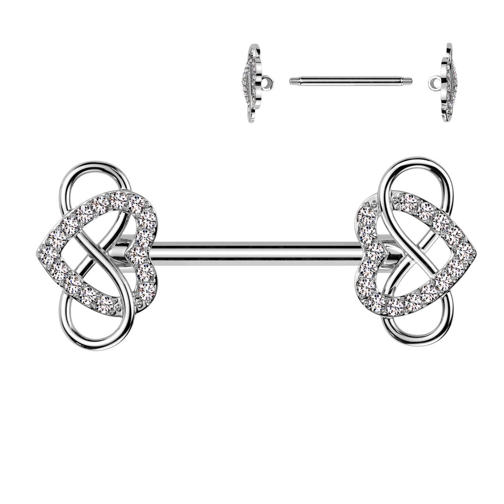 316L Surgical steel nipple barbell with gorgeous cubic zirconia adorned hearts and a swirl flourish, shown in surgical steel. 14 Gauge X 12mm externally threaded.