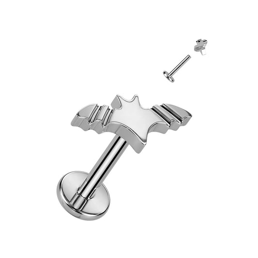Titanium labret with internally threaded top in the shape of a bat. These labrets have a 4mm flat base. 16 gauge X 8mm. Ti-6AL4V-ELi ASTM F-136 TITANIUM