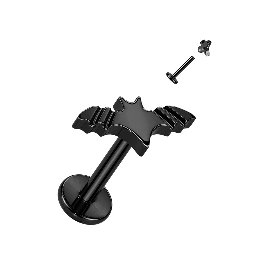 Titanium labret with internally threaded top in the shape of a bat, shown in black. These labrets have a 4mm flat base. 16 gauge X 8mm. Ti-6AL4V-ELi ASTM F-136 TITANIUM