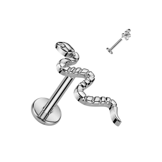 Titanium labret with internally threaded top in the shape of a snake. These labrets have a 4mm flat base. 16 gauge X 8mm. Ti-6AL4V-ELi ASTM F-136 TITANIUM.