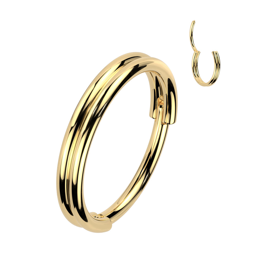 A 316L Surgical steel double nose hoop in an easy to use segment ring shown in gold plated.