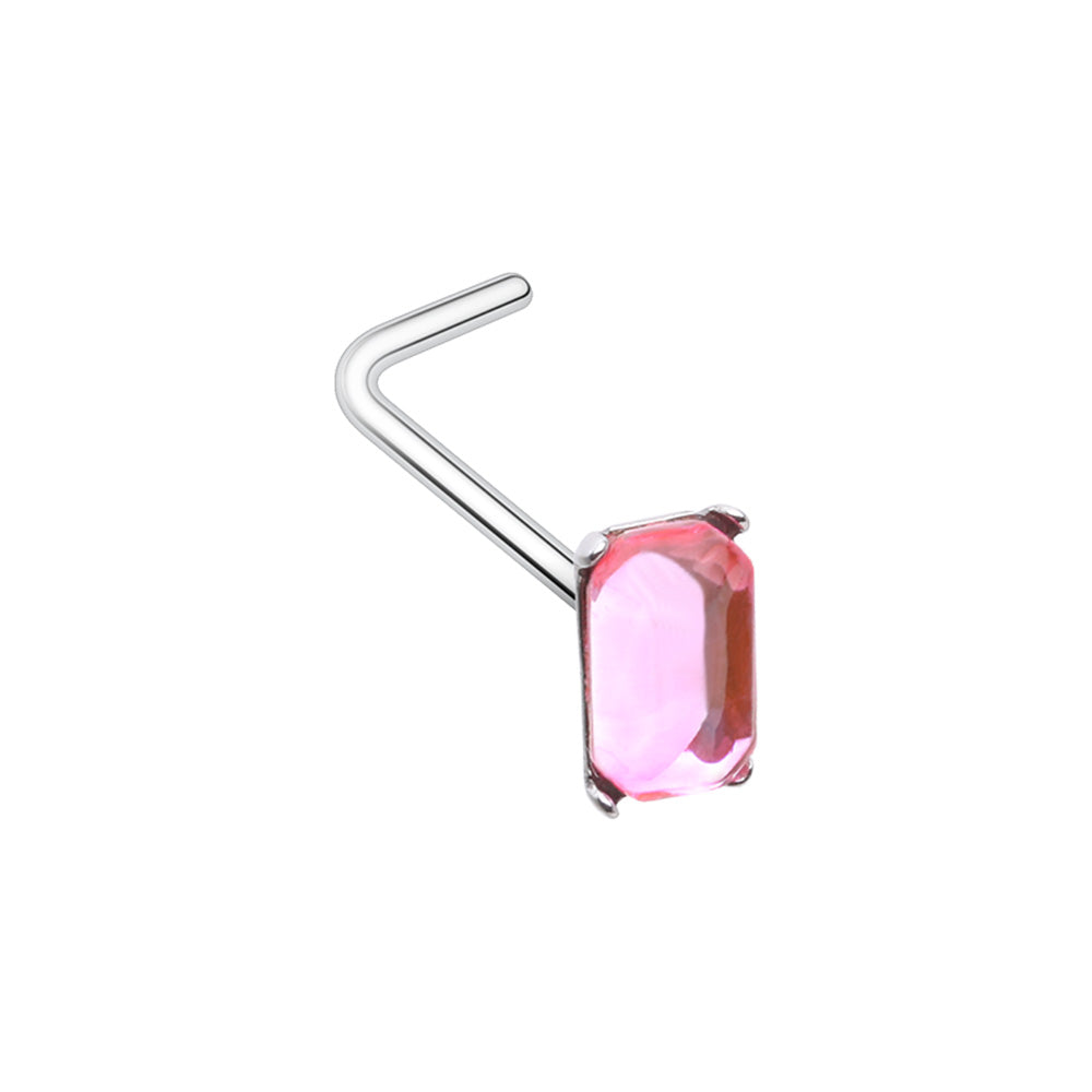 316L Surgical steel nose stud with a beautiful rectangle gem, held in with 4 prongs. Available in nose bone or L-bend. L-Bend shown in pink.