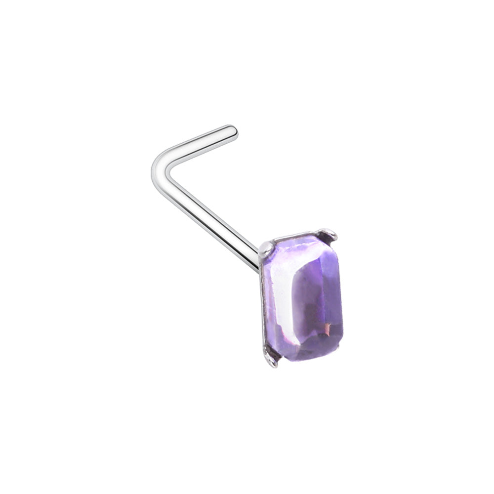 316L Surgical steel nose stud with a beautiful rectangle gem, held in with 4 prongs. Available in nose bone or L-bend. L-Bend shown in puple.
