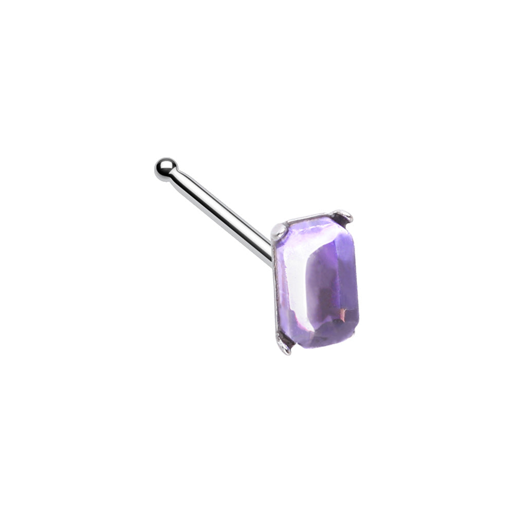 316L Surgical steel nose stud with a beautiful rectangle gem, held in with 4 prongs. Available in nose bone or L-bend. Nose bone shown in purple..