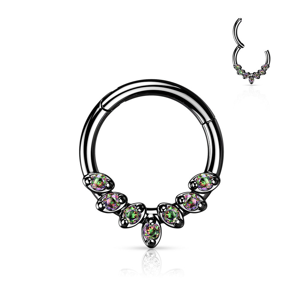 Hinged segment ring with 7 small vitrail gems. Black titanium over 316L surgical steel. Great for septum, daith, rook, helix, tragus, or even eyebrow or earlobe piercings. Available in 2 different diameters, 8mm or 10mm.
