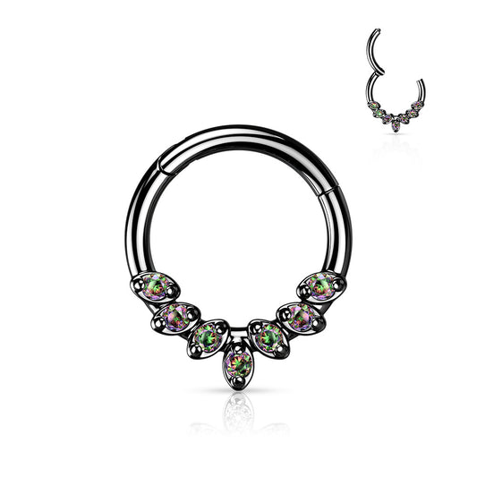 Hinged segment ring with 7 small vitrail gems. Black titanium over 316L surgical steel. Great for septum, daith, rook, helix, tragus, or even eyebrow or earlobe piercings. Available in 2 different diameters, 8mm or 10mm.