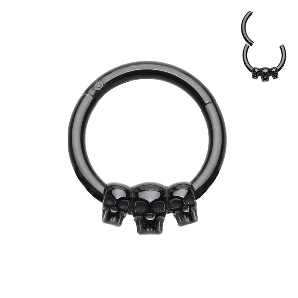 316L Surgical steel hinged segment ring with 3 small skulls in black. Great for septum or cartilage.  These hinged clickers can be used for eyebrow, lip, earlobes, daith, rook, snug, helix or septum.