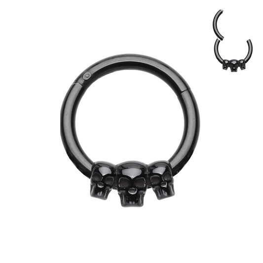 316L Surgical steel hinged segment ring with 3 small skulls in black. Great for septum or cartilage.  These hinged clickers can be used for eyebrow, lip, earlobes, daith, rook, snug, helix or septum.