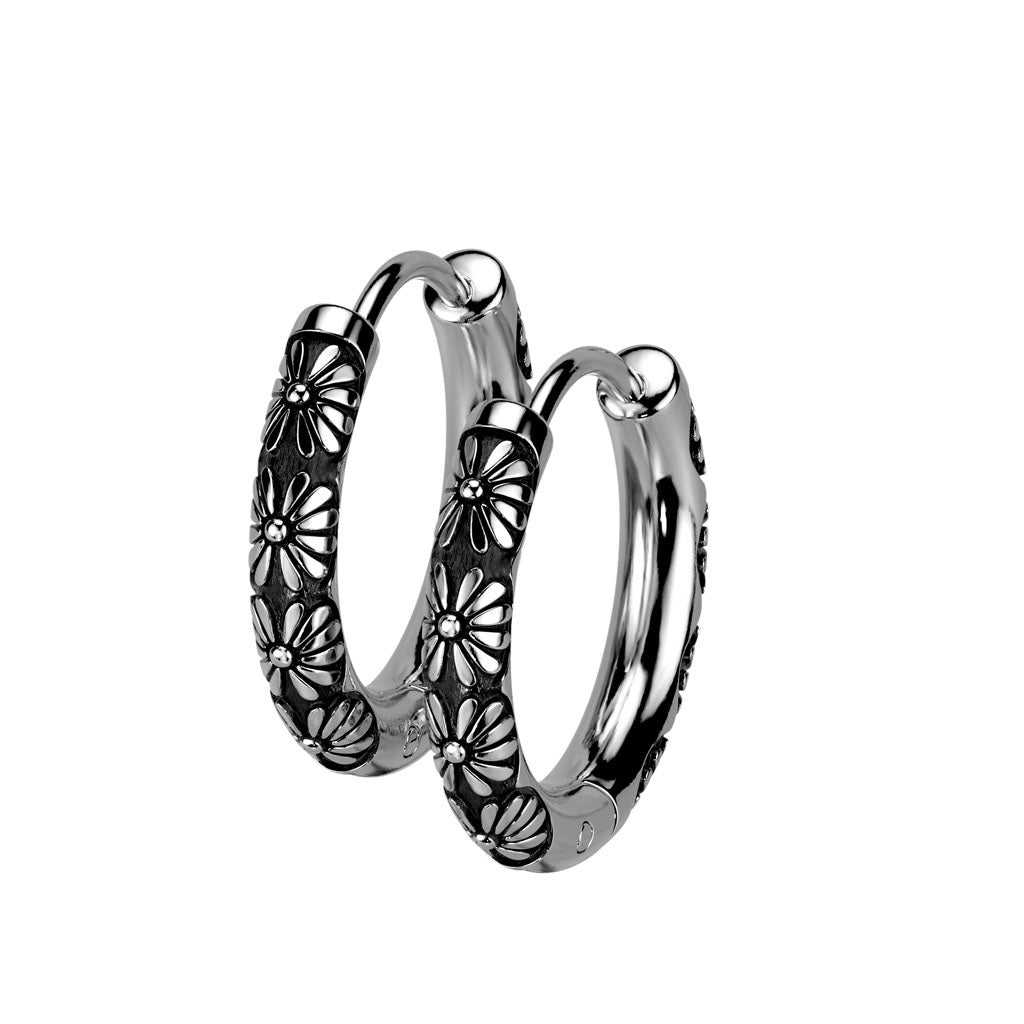 316L surgical steel hoop earrings with a steel casting flower design.