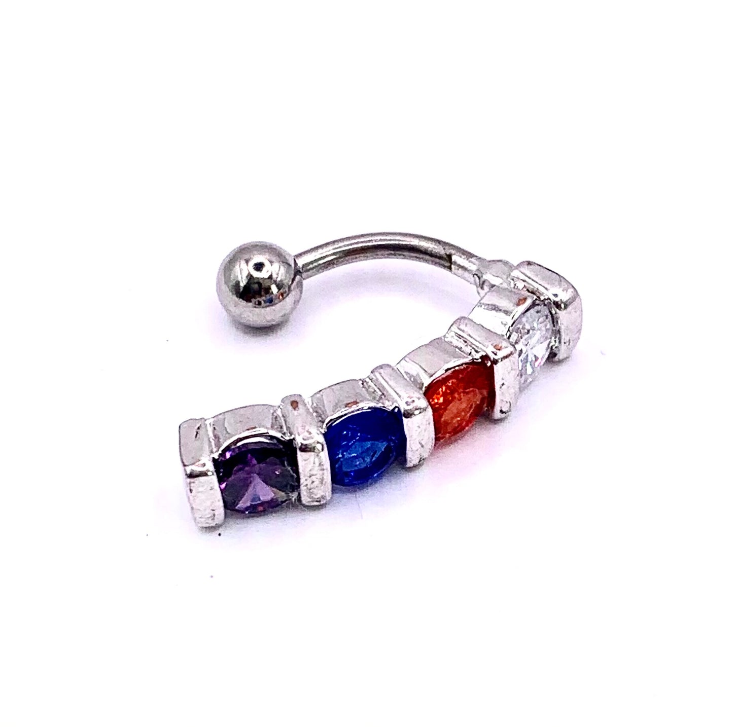 316L Surgical steel belly ring with top-down design. 4 vibrant cubic zirconia in clear, red, blue and purple hang vertically from the top of this belly ring. Externally Threaded.