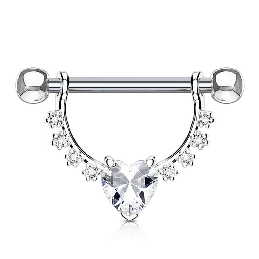 316L Surgical steel nipple barbell with prong set cz dangle gems. Externally Threaded. 14 Gauge X 12mm X 4mm