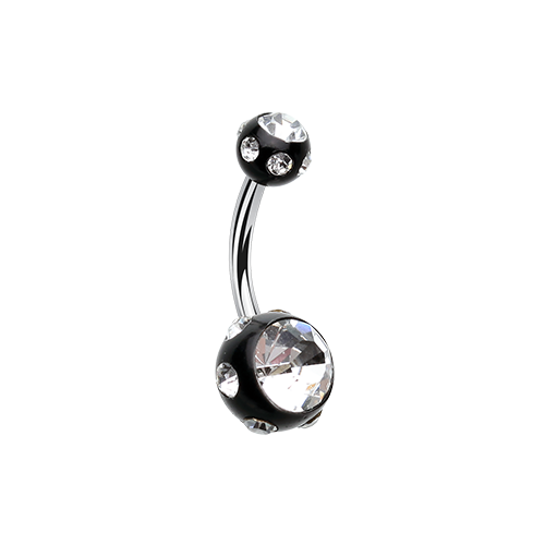 316L Surgical steel belly banana with black jewelled balls. Externally Threaded.