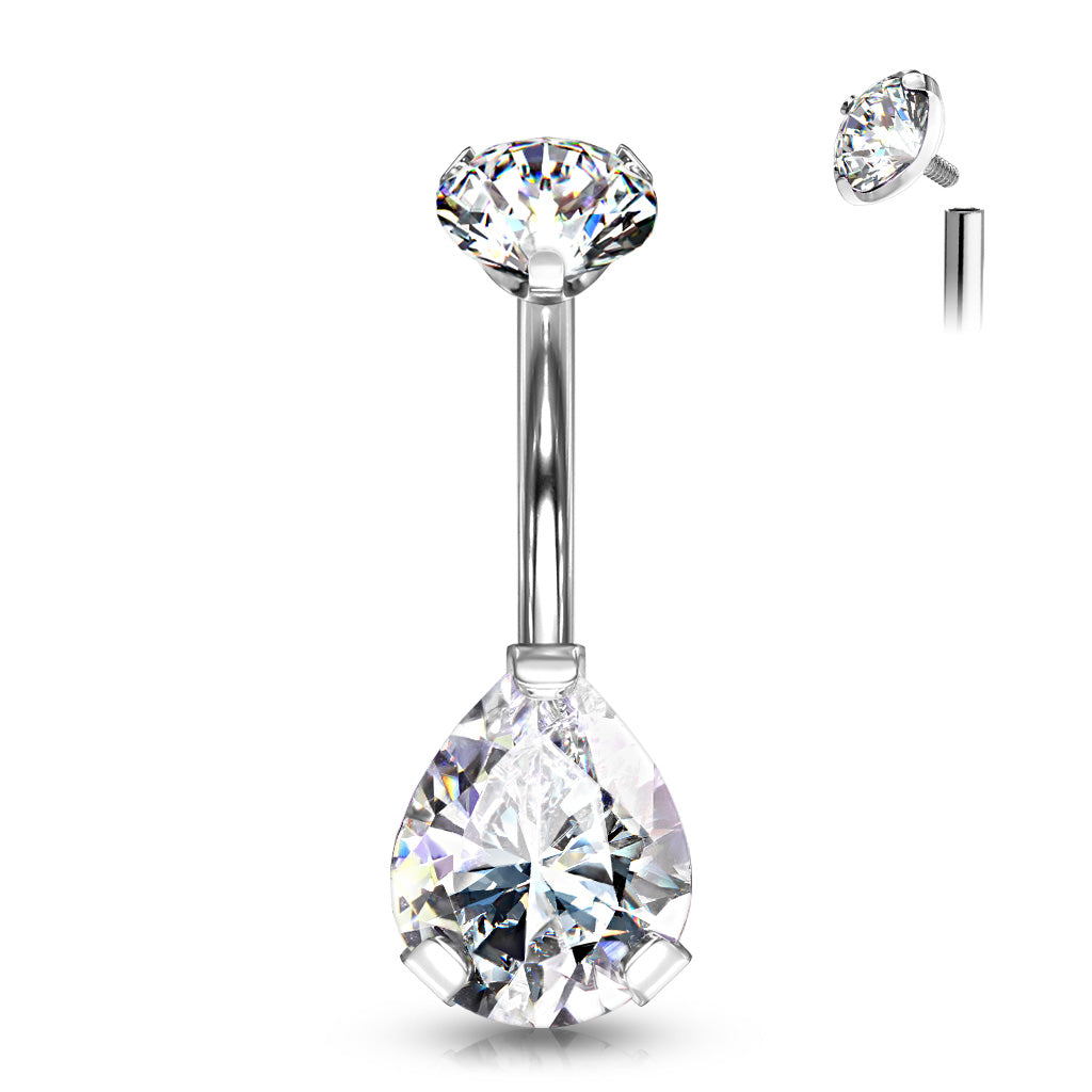A beautiful titanium belly banana with an internally threaded prong-set top gem, and a gorgeous teardrop shape bottom gem, shown with clear gems. 14 Gauge X 10mm X 5&9mm.