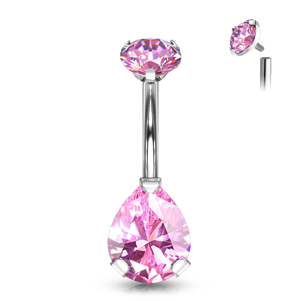 A beautiful titanium belly banana with an internally threaded prong-set top gem, and a gorgeous teardrop shape bottom gem, shown with pink gems. 14 Gauge X 10mm X 5&9mm.
