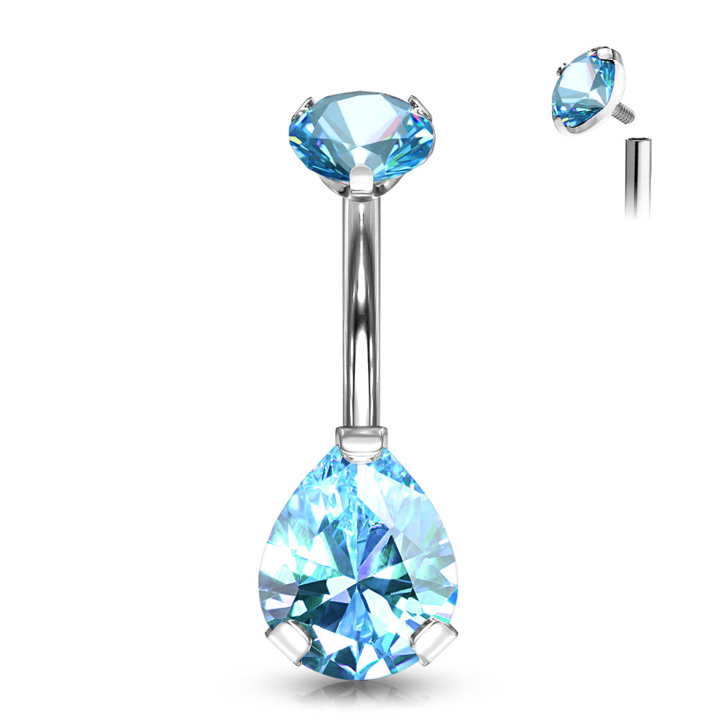 A beautiful titanium belly banana with an internally threaded prong-set top gem, and a gorgeous teardrop shape bottom gem, shown with aqua gems. 14 Gauge X 10mm X 5&9mm.