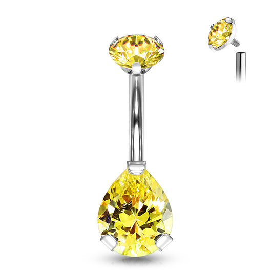 A beautiful titanium belly banana with an internally threaded prong-set top gem, and a gorgeous teardrop shape bottom gem, shown with topaz gems. 14 Gauge X 10mm X 5&9mm.