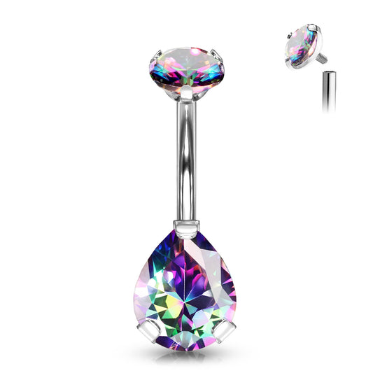 A beautiful titanium belly banana with an internally threaded prong-set top gem, and a gorgeous teardrop shape bottom gem, shown with vitrail gems. 14 Gauge X 10mm X 5&9mm.