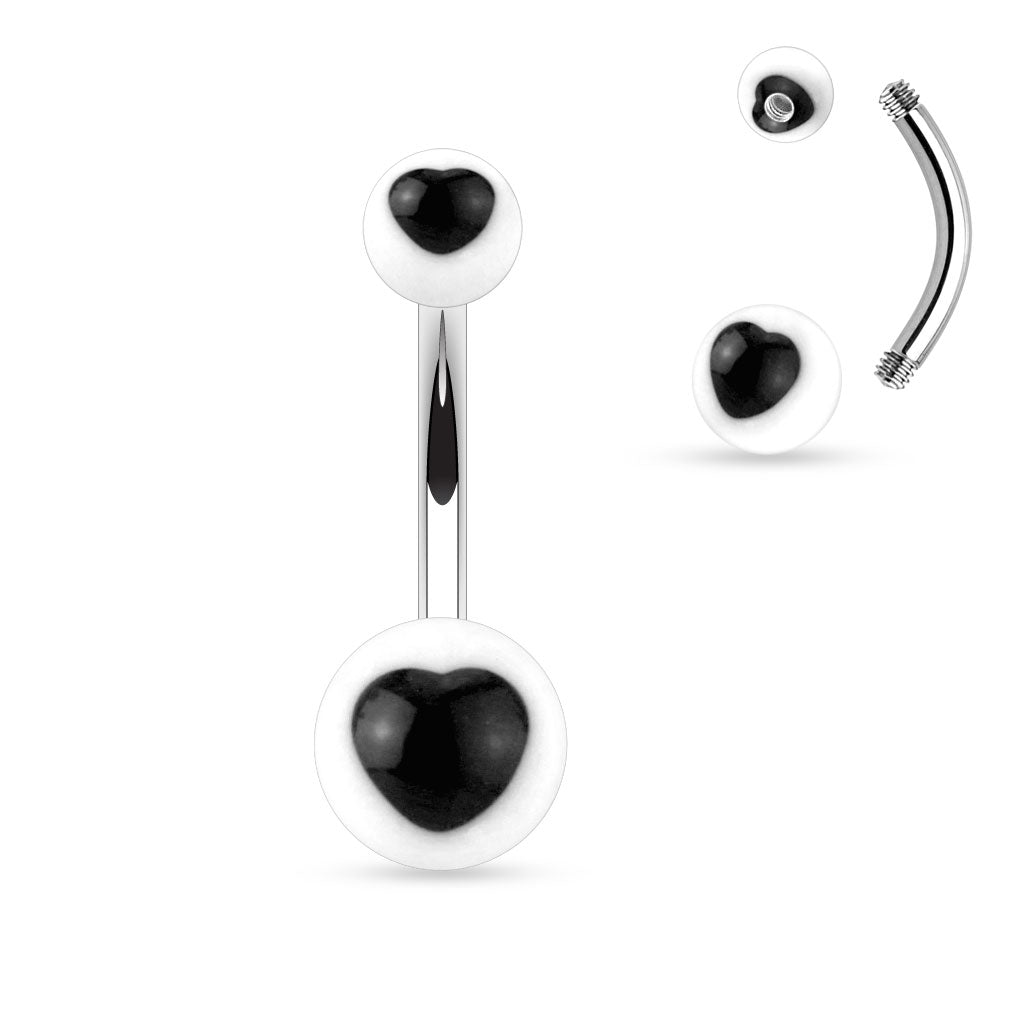 Surgical steel belly banana with white acrylic balls with heart design on top and bottom ball. Externally Threaded. Shown with black hearts.