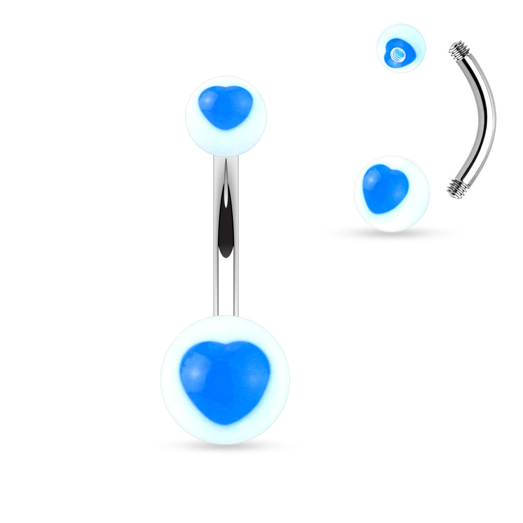 Surgical steel belly banana with white acrylic balls with heart design on top and bottom ball. Externally Threaded. Shown with blue hearts.