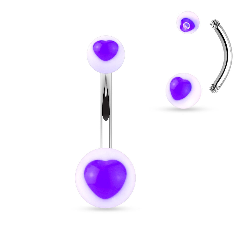 Surgical steel belly banana with white acrylic balls with heart design on top and bottom ball. Externally Threaded. Shown with purple hearts.