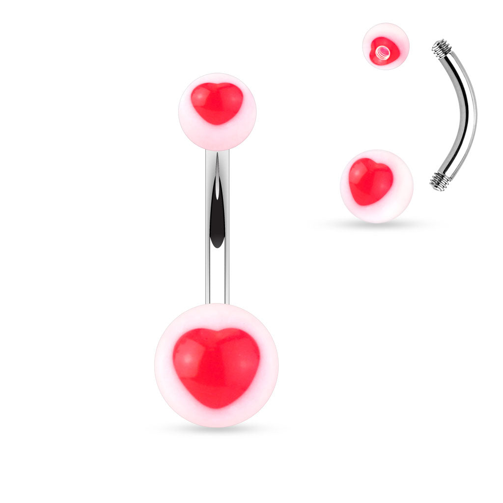 Surgical steel belly banana with white acrylic balls with heart design on top and bottom ball. Externally Threaded. Shown with red hearts.