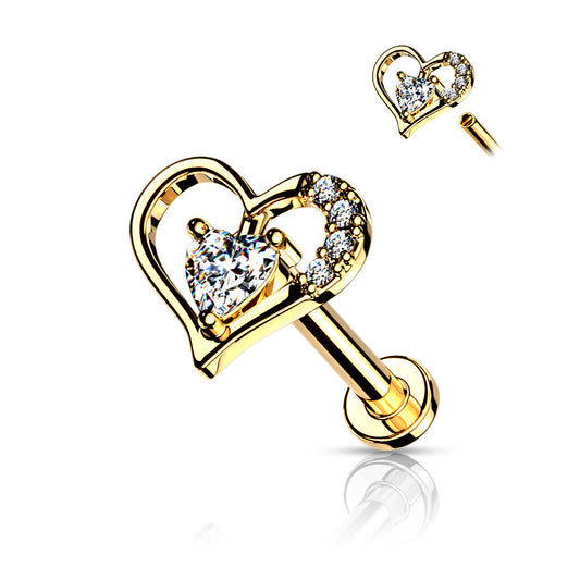 Gold titanium ion plated over 316L Surgical steel labret with internally threaded heart with a single cubic zirconia.  Heart is approximately 8mm across.